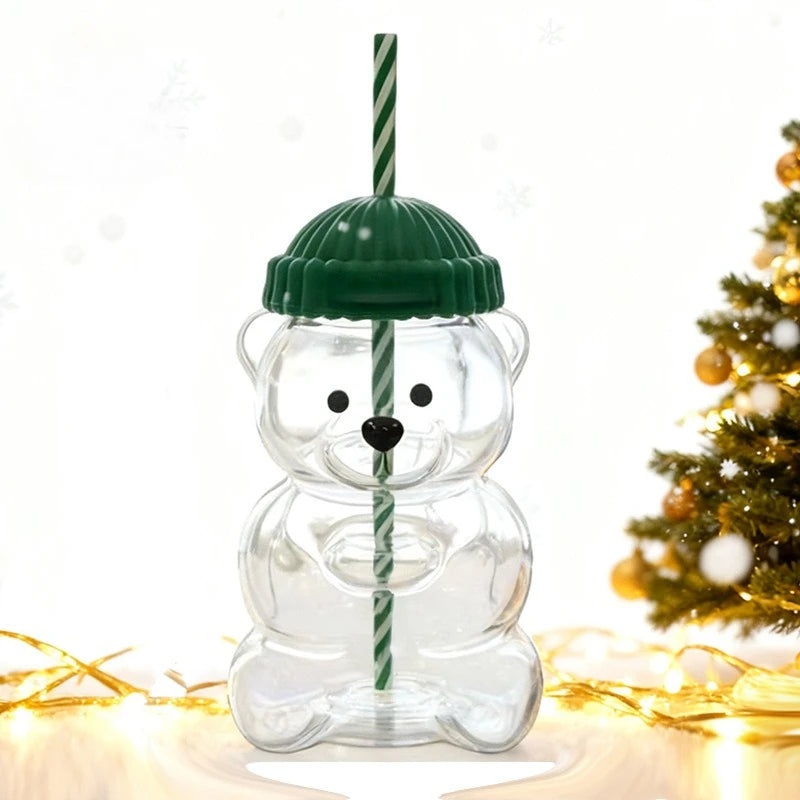 Taza de cristal con forma de oso con pajita y tapa.
