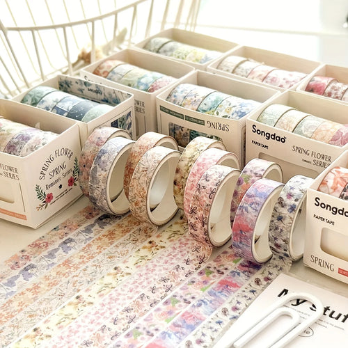 5 rollos de cinta manual de flores románticas en caja.