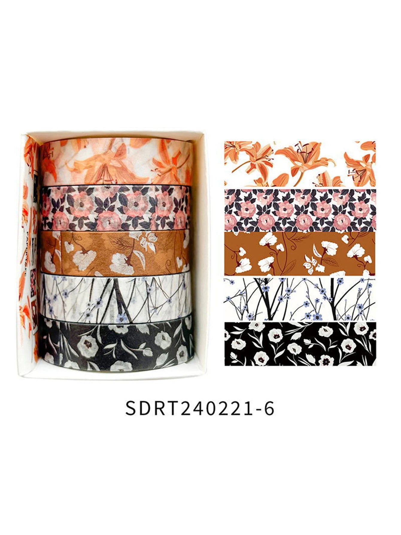 5 rollos de cinta manual de flores románticas en caja.