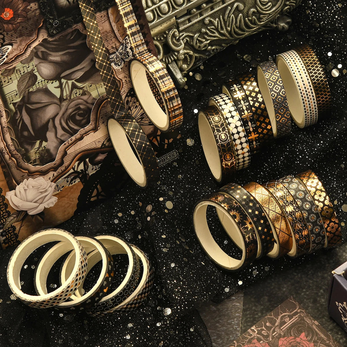 Cintas Washi X36 con lámina dorada.