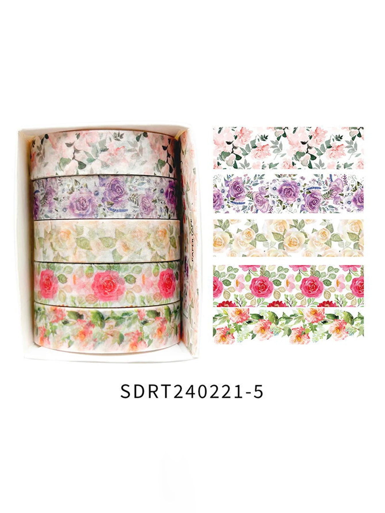 5 rollos de cinta manual de flores románticas en caja.