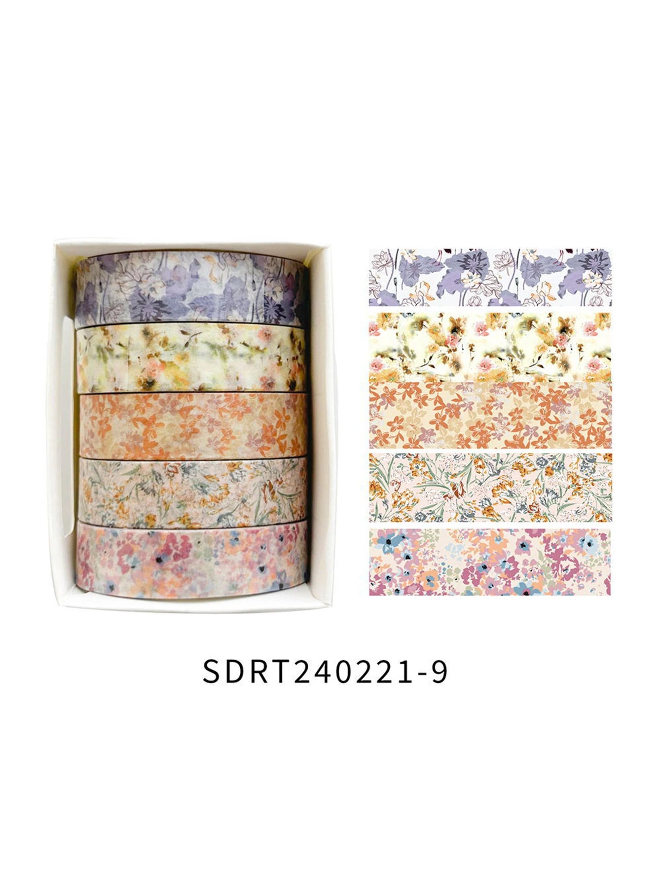 5 rollos de cinta manual de flores románticas en caja.