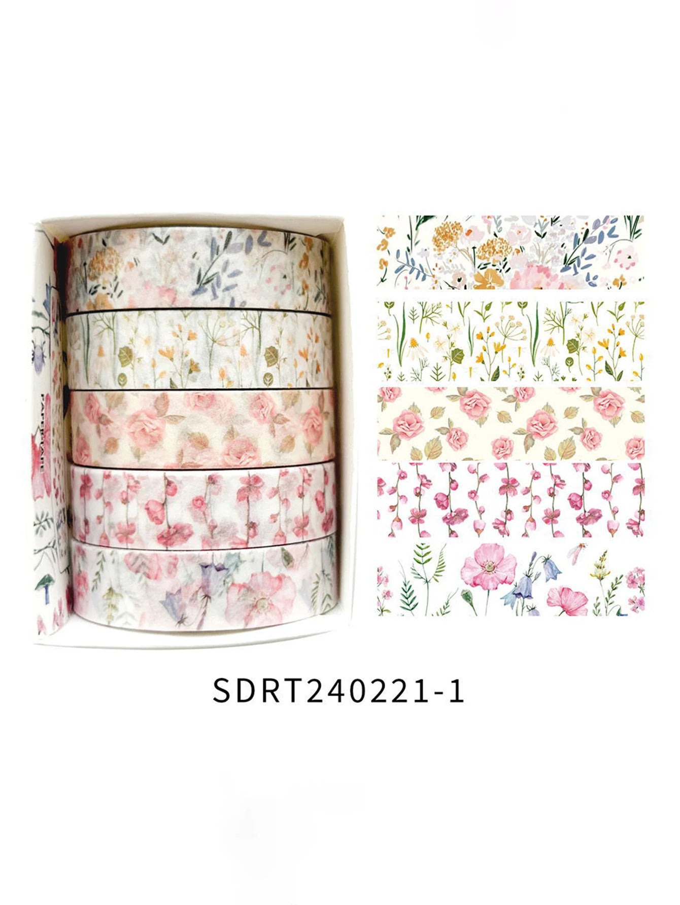 5 rollos de cinta manual de flores románticas en caja.