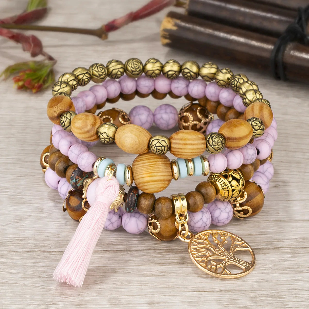 Conjunto de pulsera bohemia de árbol de la vida.