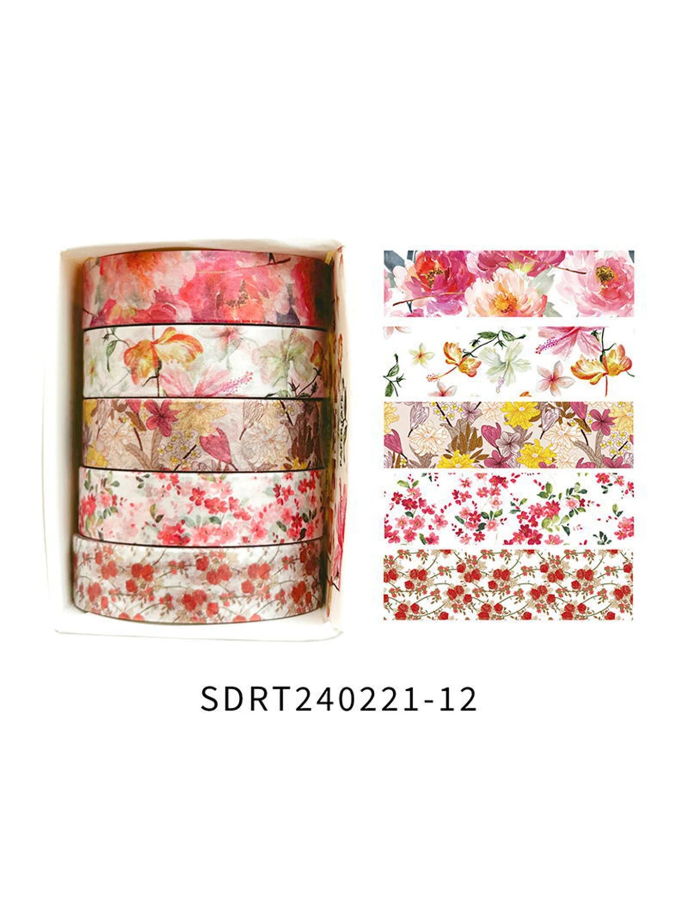 5 rollos de cinta manual de flores románticas en caja.